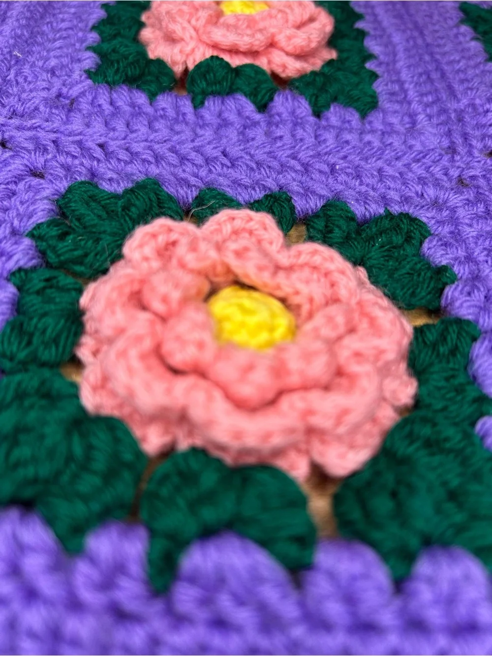 Handmade Floral Granny Square Afghan - Purple, Pink & Green. 46 in x 70 in